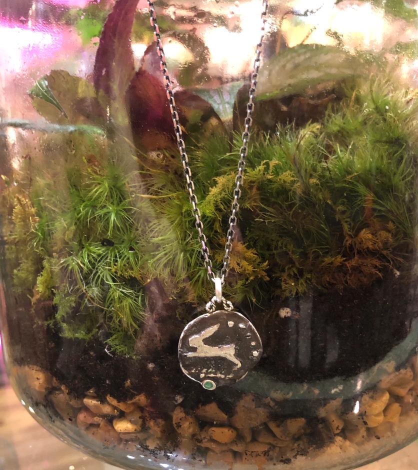 Leaping Hare Sterling Silver Pendant – Colombian Emerald, Ancient Coin Inspired