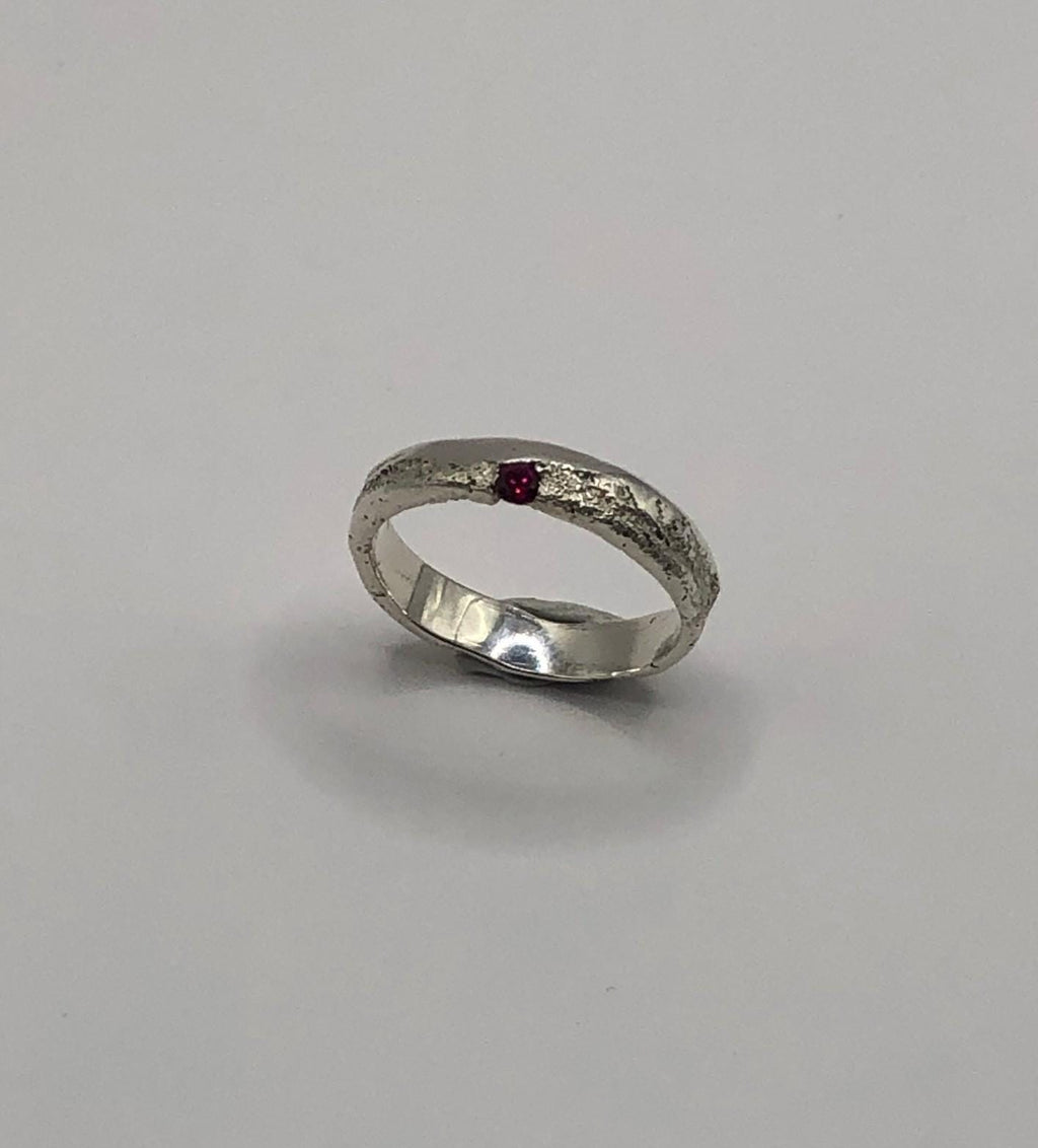 Ice and Fire Silver organic unique sand cast textured ring with vibrant red ruby gem stone