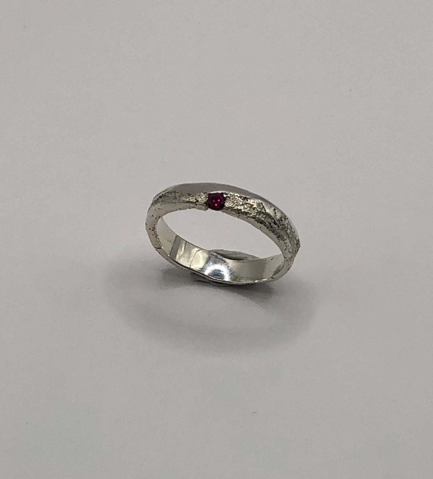Ice and Fire Silver organic unique sand cast textured ring with vibrant red ruby gem stone
