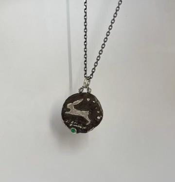 Leaping Hare Sterling Silver Pendant – Colombian Emerald, Ancient Coin Inspired
