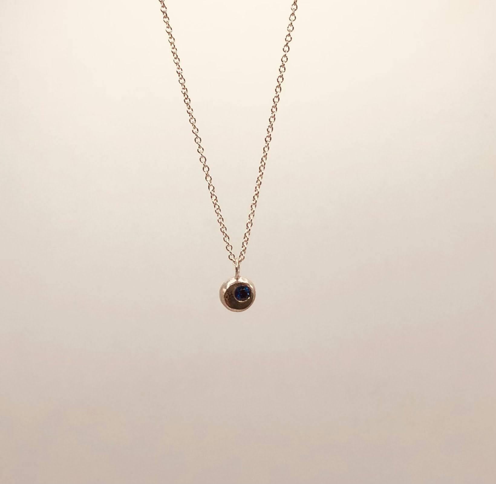 Sapphire sky, Silver moon tiny pendant with lab grown gemstone on delicate chain necklace
