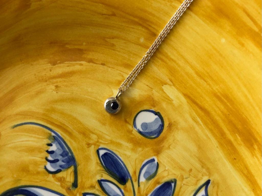 Sapphire sky, Silver moon tiny pendant with lab grown gemstone on delicate chain necklace