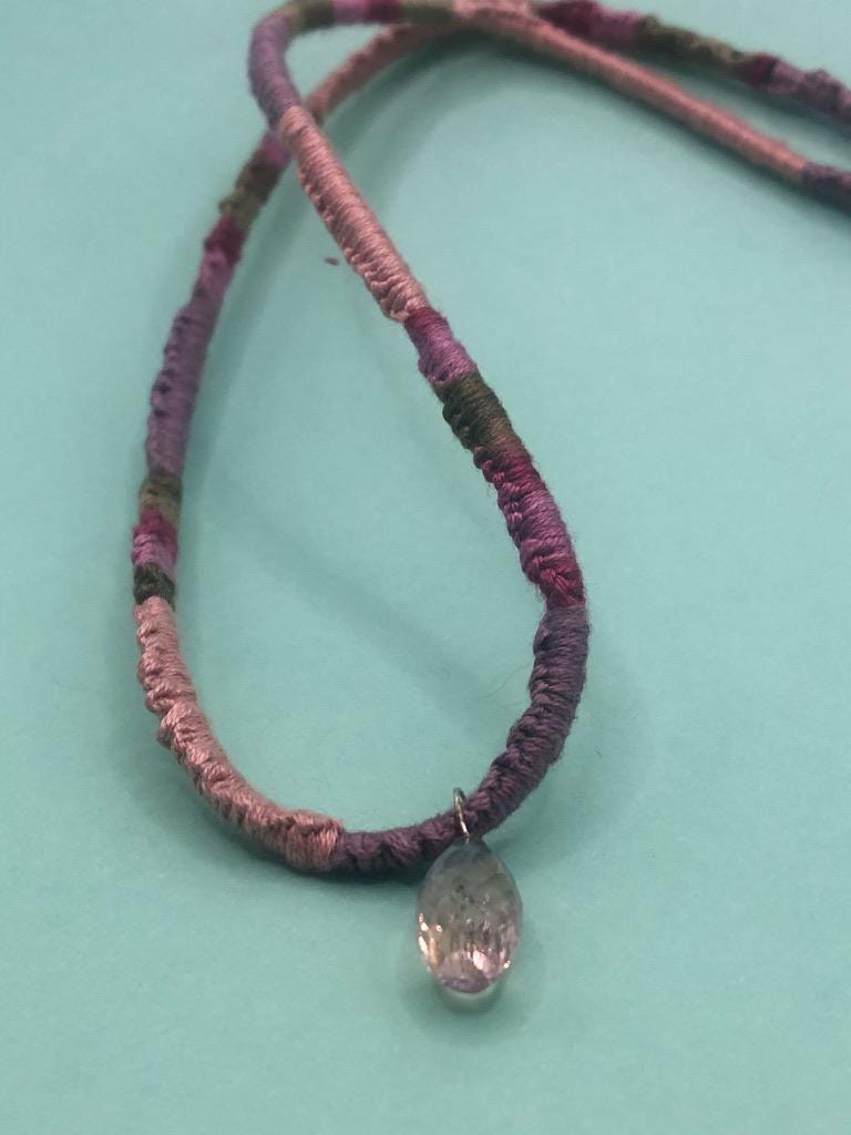 Ametrine bolivianita gem stone briolette on mauve, green, purple, burgundy knotted cotton thread necklace
