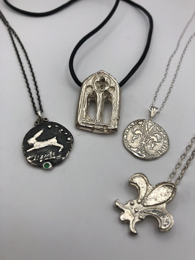 Leaping Hare Sterling Silver Pendant – Colombian Emerald, Ancient Coin Inspired