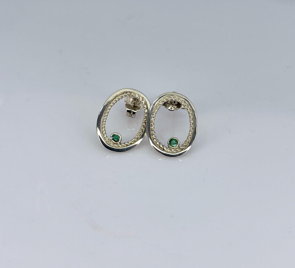 Sterling Silver and Colombian Emerald Stud Earrings, Oval Filigree Ancient Jewelry Style