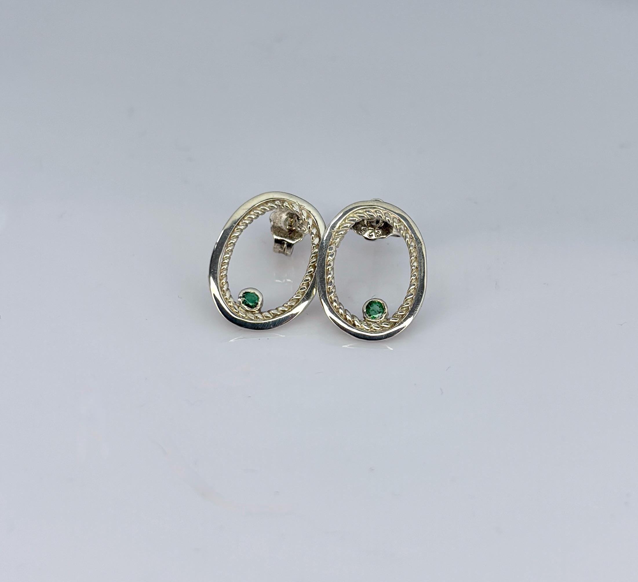 Sterling Silver and Colombian Emerald Stud Earrings, Oval Filigree Ancient Jewelry Style