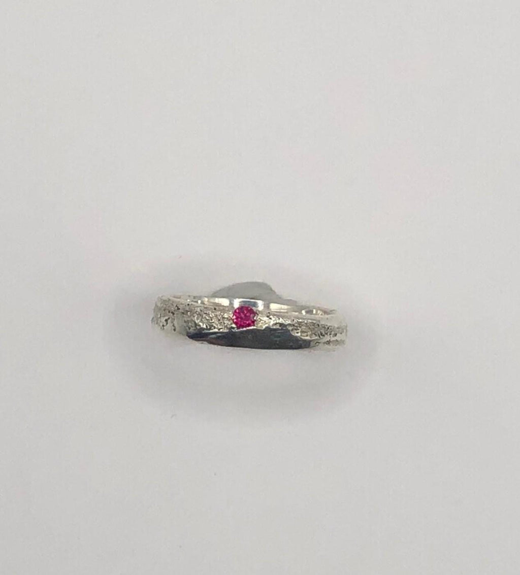 Ice and Fire Silver organic unique sand cast textured ring with vibrant red ruby gem stone