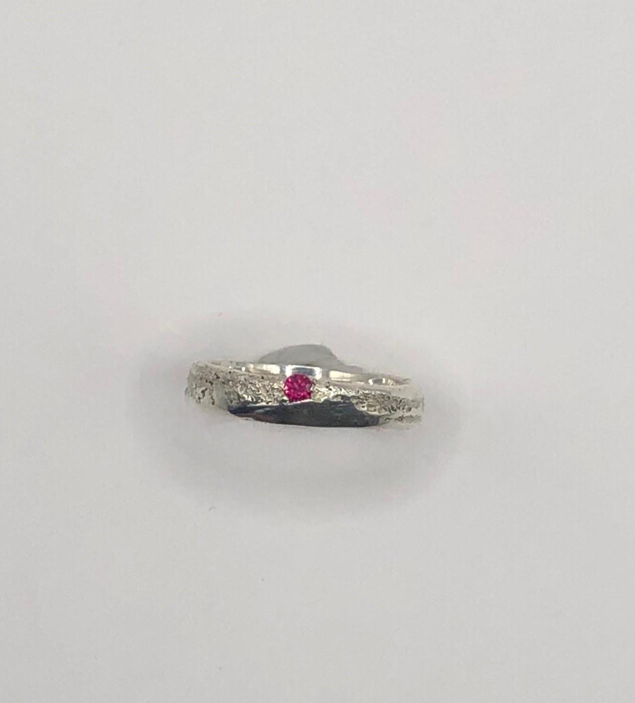 Ice and Fire Silver organic unique sand cast textured ring with vibrant red ruby gem stone