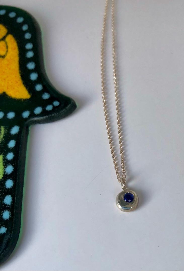 Sapphire sky, Silver moon tiny pendant with lab grown gemstone on delicate chain necklace