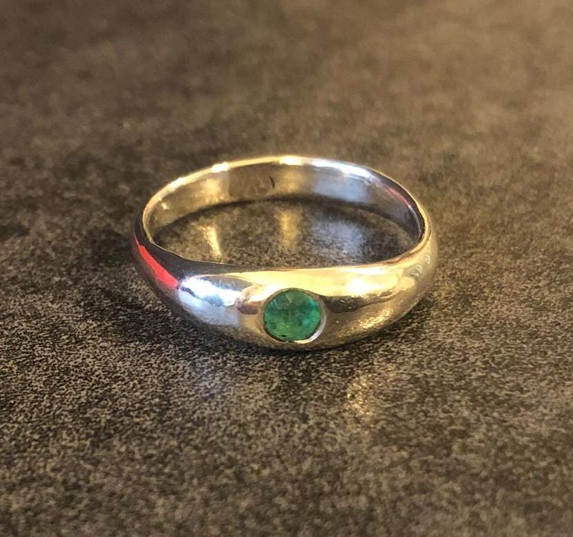 Emerald in silver low dome ring with natural Colombian emerald