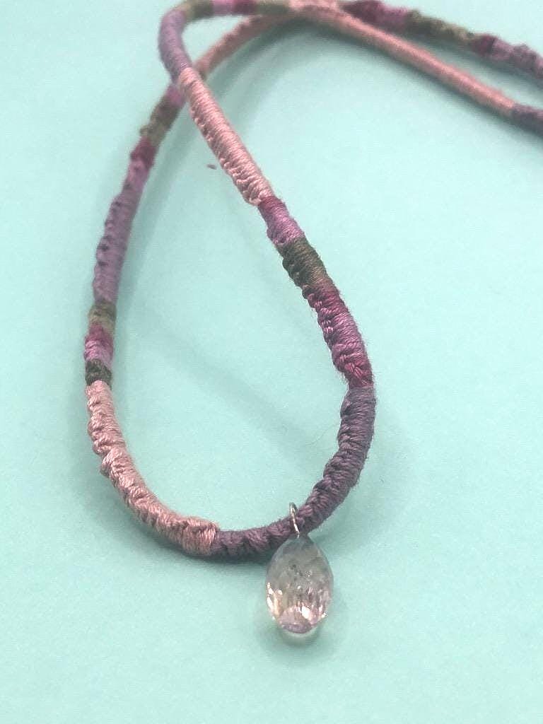 Ametrine bolivianita gem stone briolette on mauve, green, purple, burgundy knotted cotton thread necklace