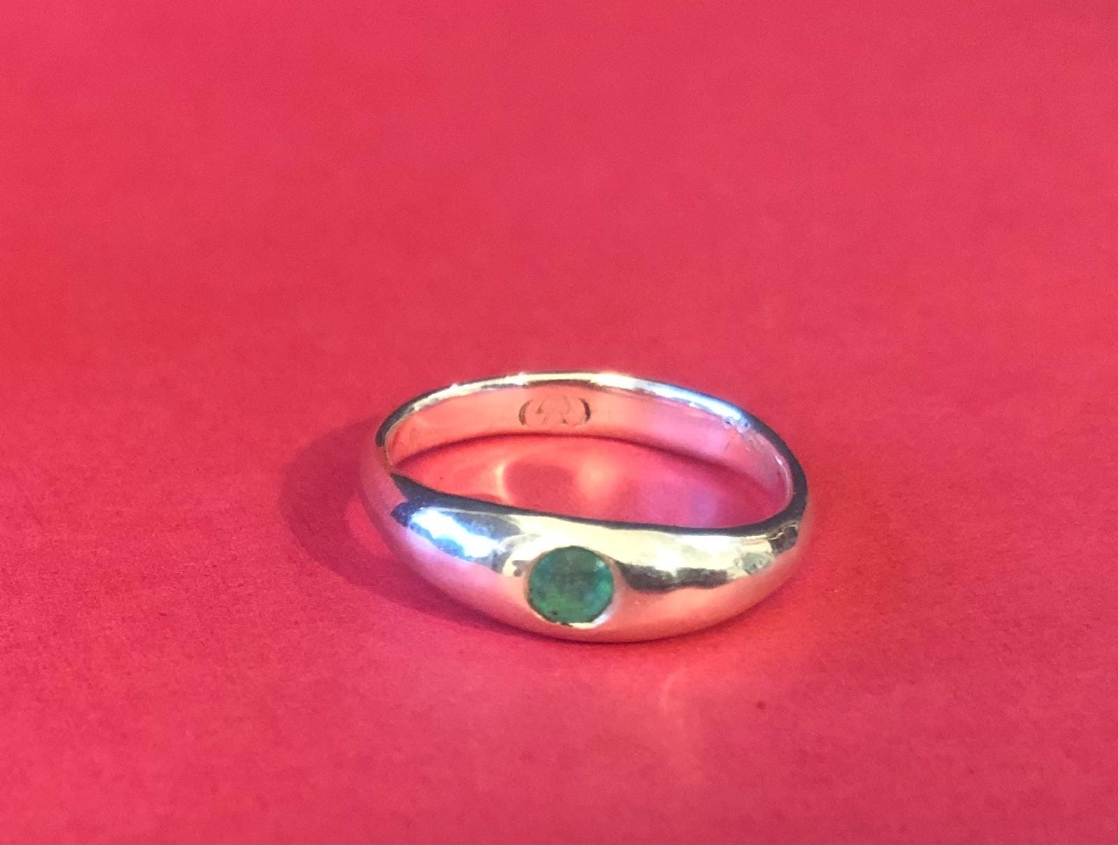 Emerald in silver low dome ring with natural Colombian emerald