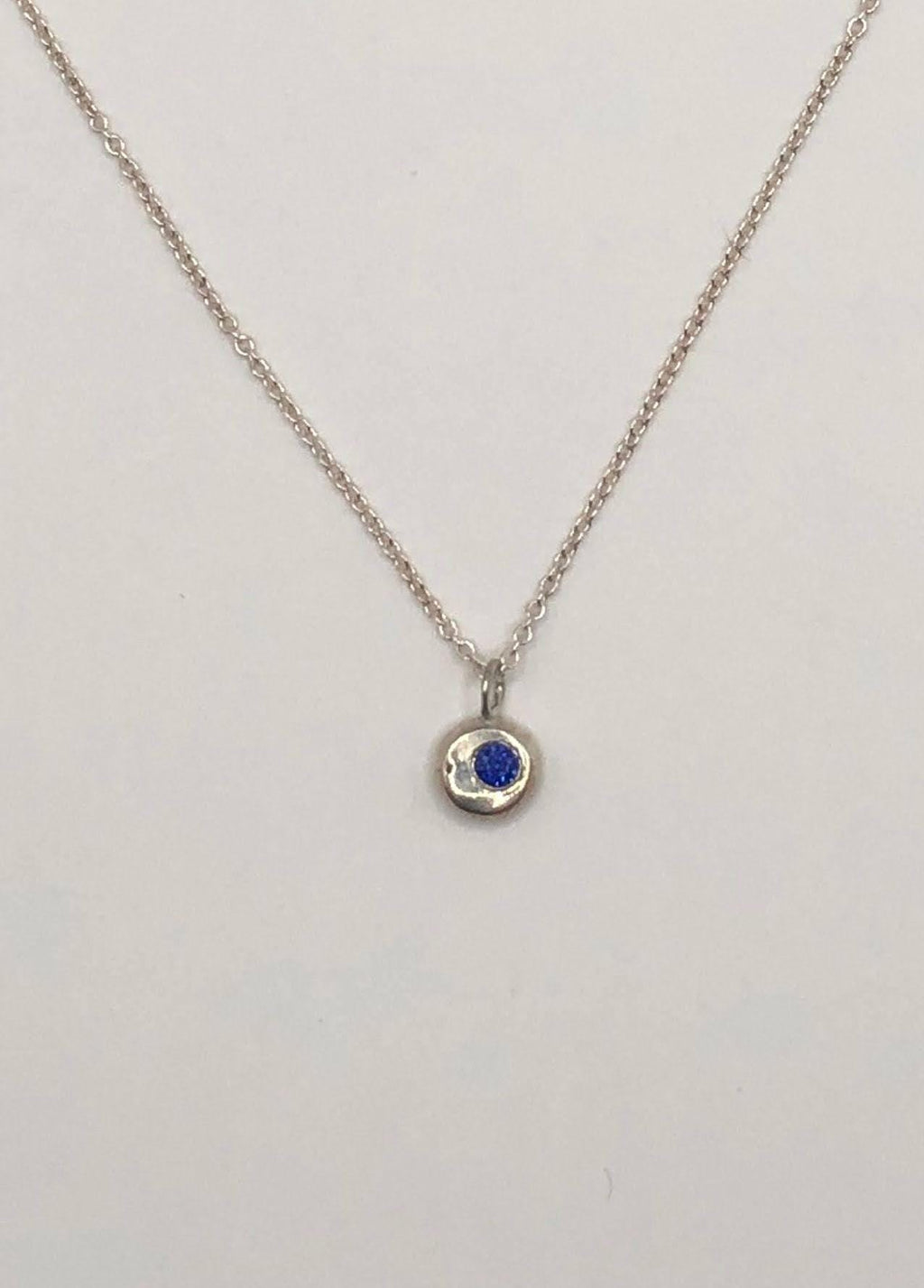 Sapphire sky, Silver moon tiny pendant with lab grown gemstone on delicate chain necklace