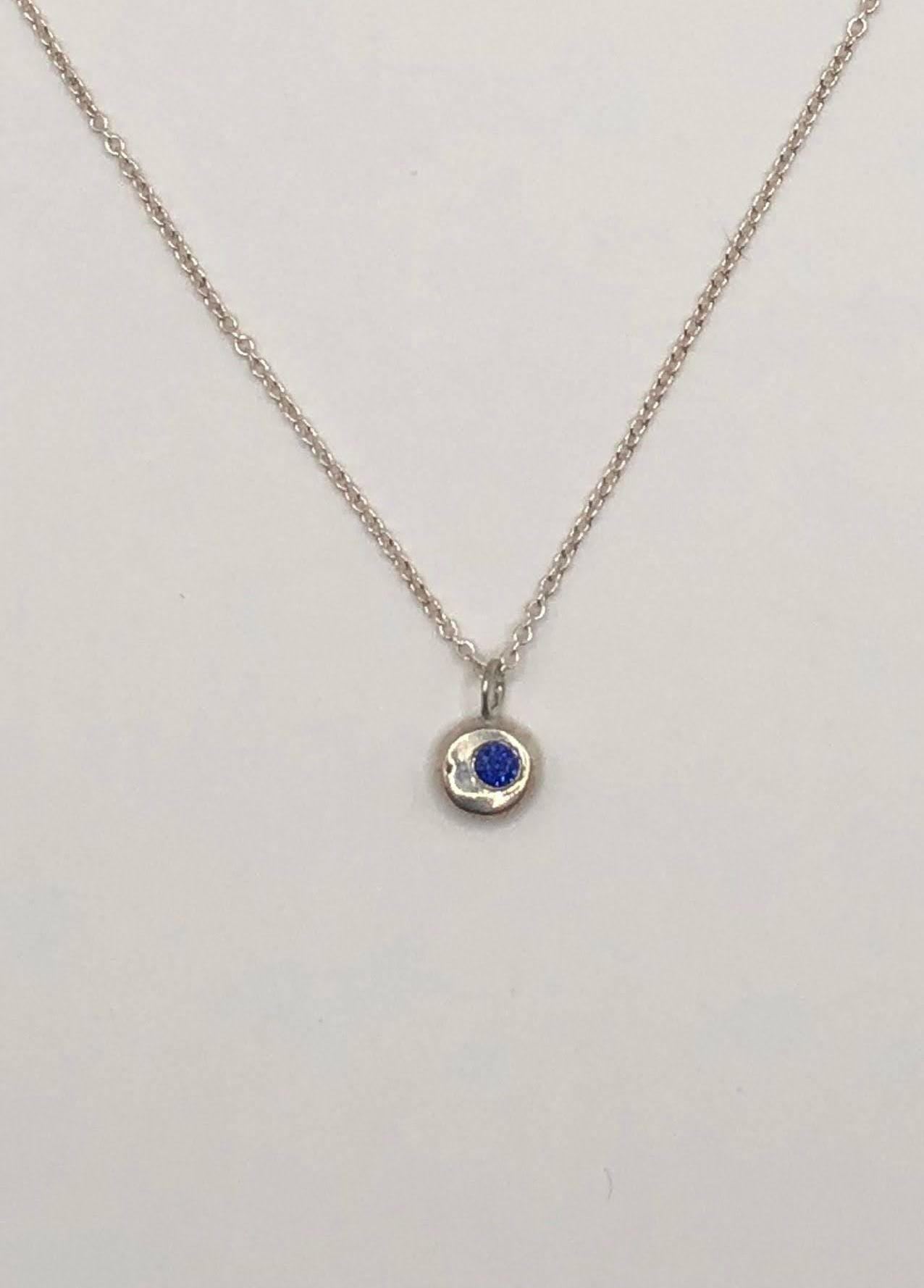 Sapphire sky, Silver moon tiny pendant with lab grown gemstone on delicate chain necklace
