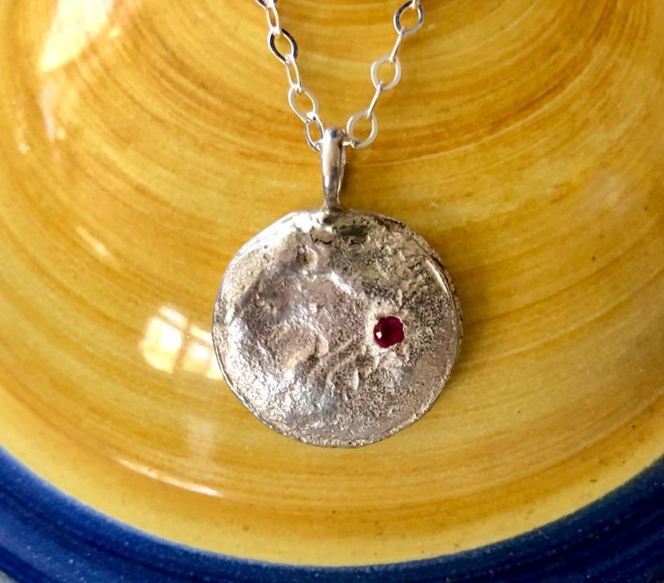 Silver Moon Disc with Ruby gem stone