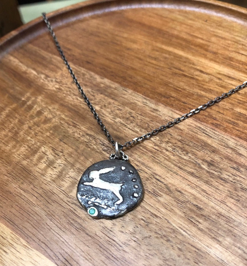 Leaping Hare Sterling Silver Pendant – Colombian Emerald, Ancient Coin Inspired