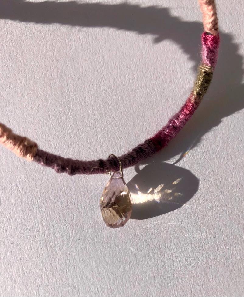 Ametrine bolivianita gem stone briolette on mauve, green, purple, burgundy knotted cotton thread necklace