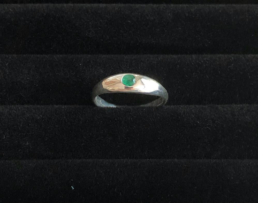 Emerald in silver low dome ring with natural Colombian emerald