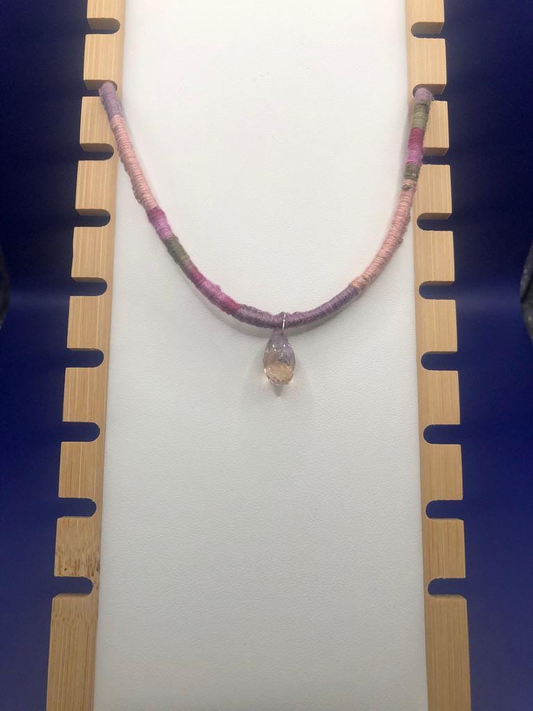 Ametrine bolivianita gem stone briolette on mauve, green, purple, burgundy knotted cotton thread necklace