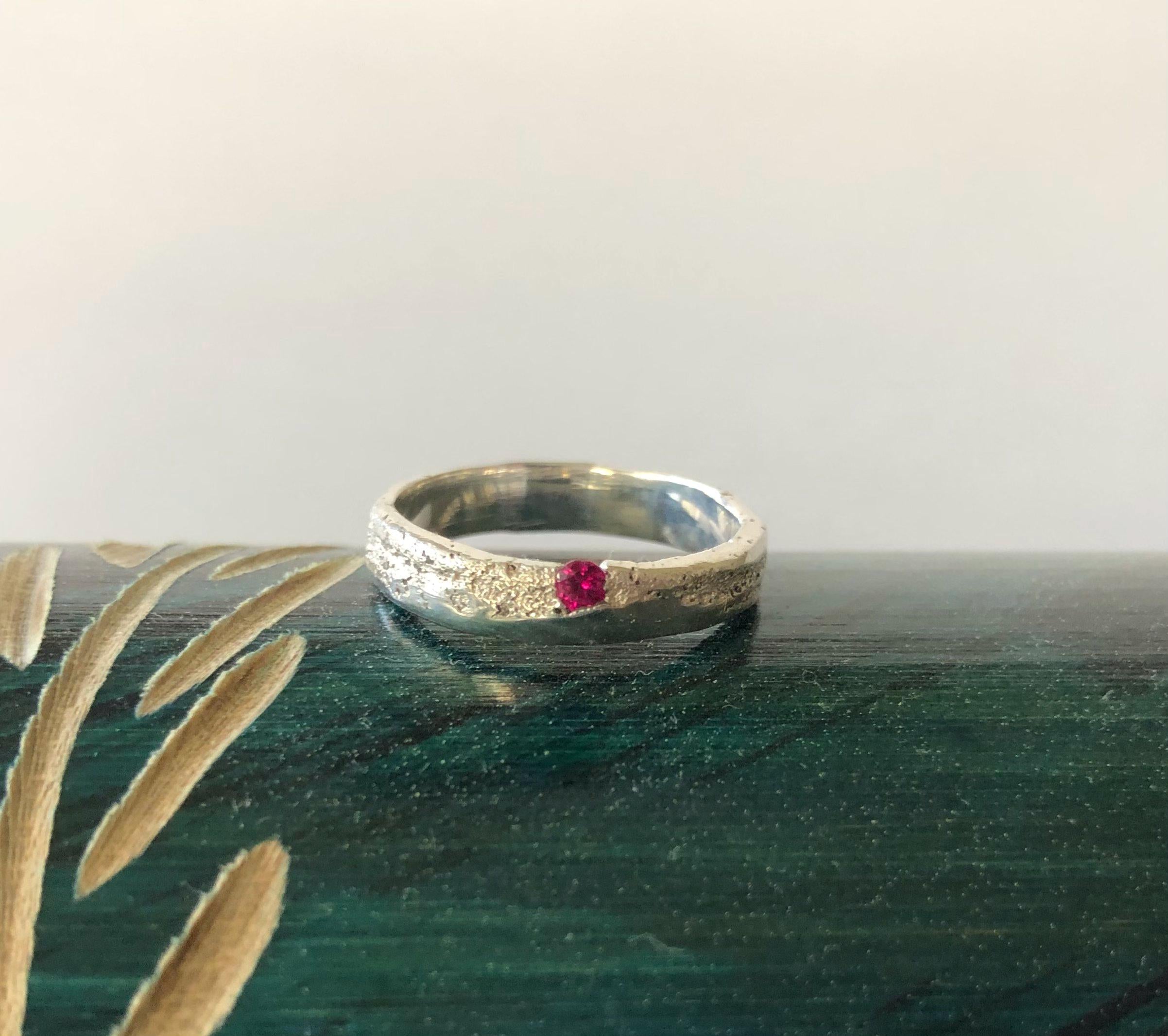 Ice and Fire Silver organic unique sand cast textured ring with vibrant red ruby gem stone