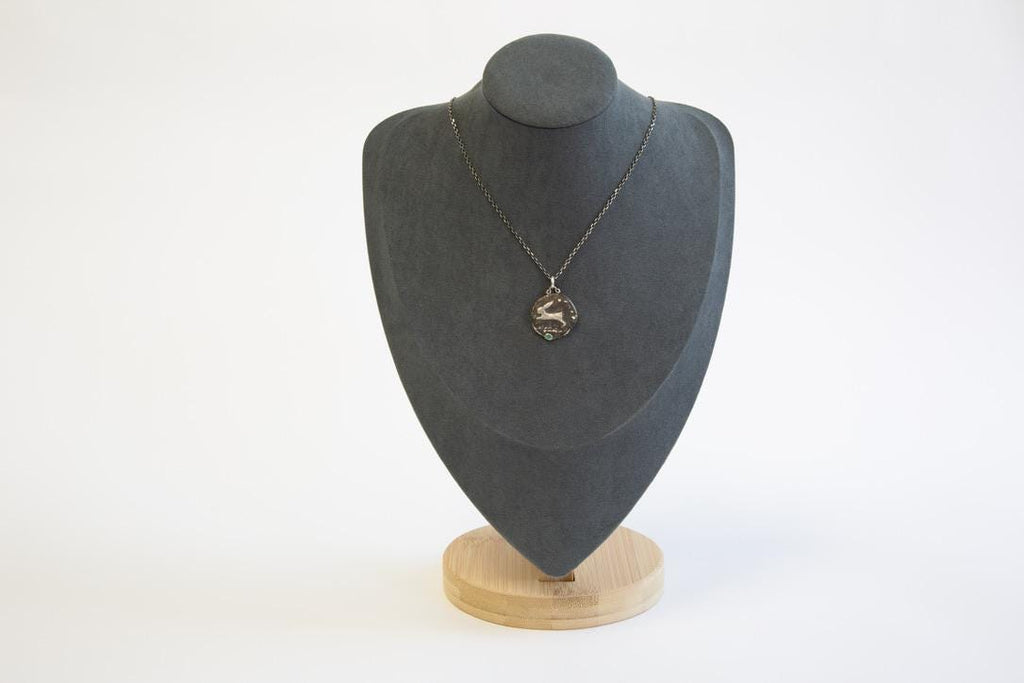 Leaping Hare Sterling Silver Pendant – Colombian Emerald, Ancient Coin Inspired