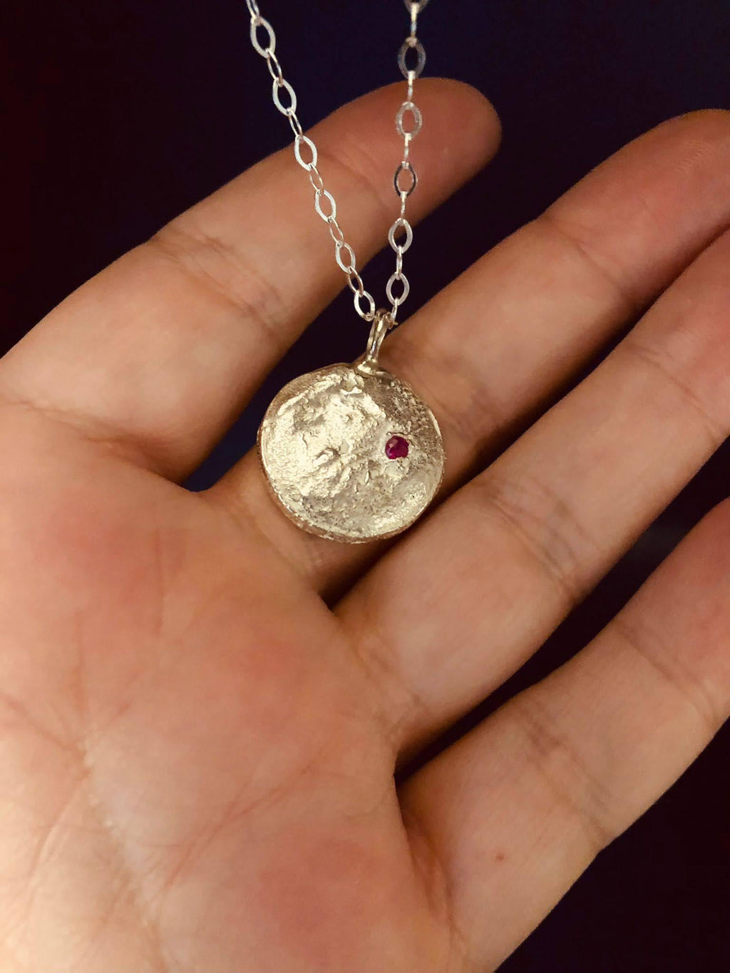 Silver Moon Disc with Ruby gem stone