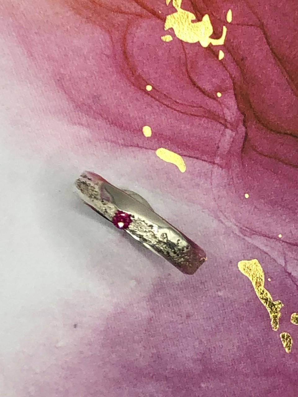 Ice and Fire Silver organic unique sand cast textured ring with vibrant red ruby gem stone