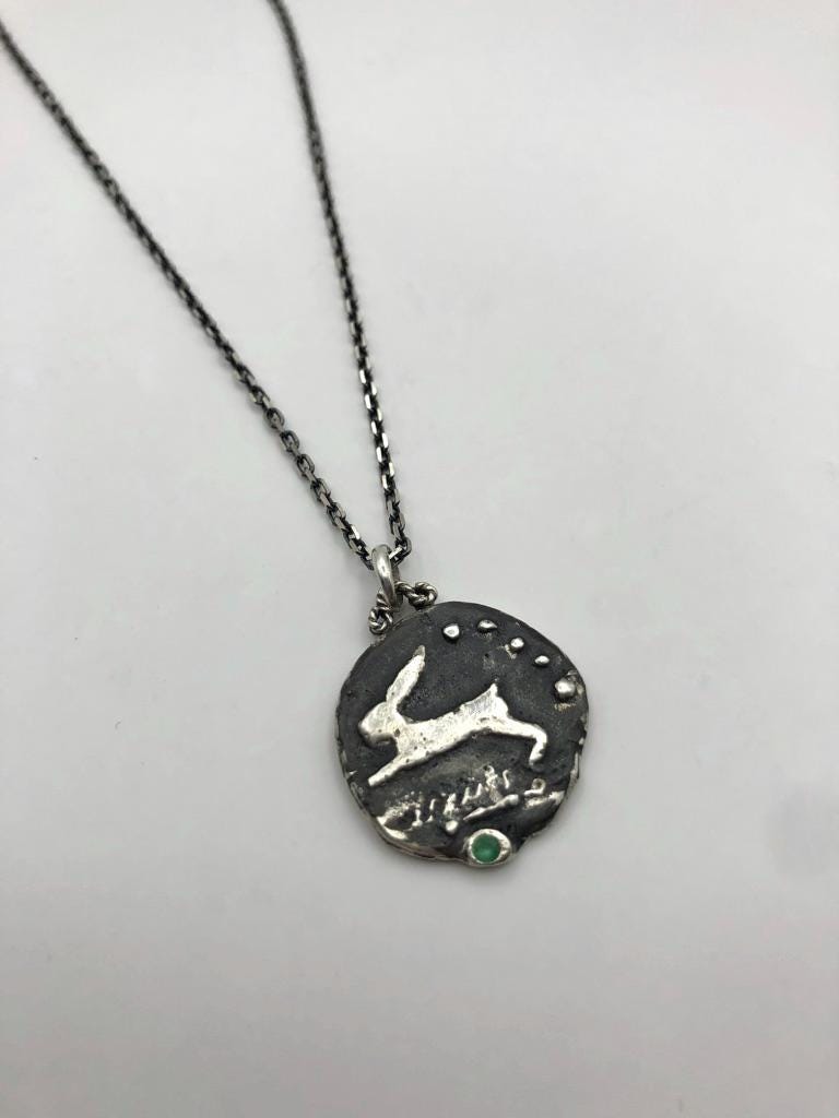 Leaping Hare Sterling Silver Pendant – Colombian Emerald, Ancient Coin Inspired