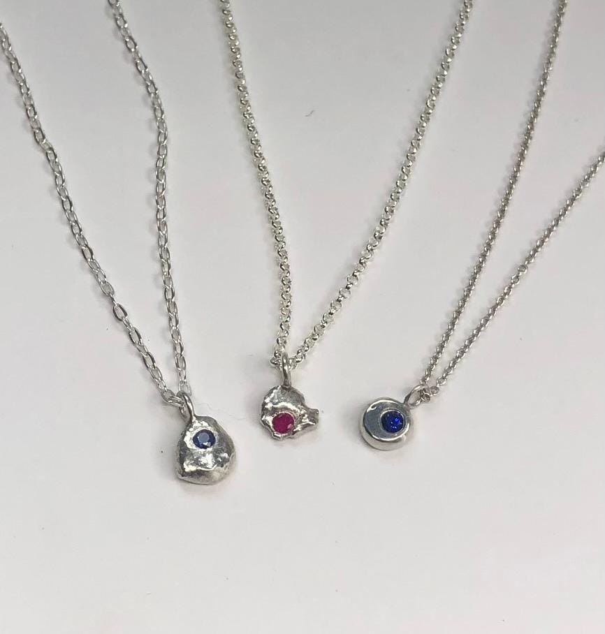 Sapphire Ruby Emerald Silver P'tites Pépites Nugget Necklace: Molten Silver Gemstone Pendant