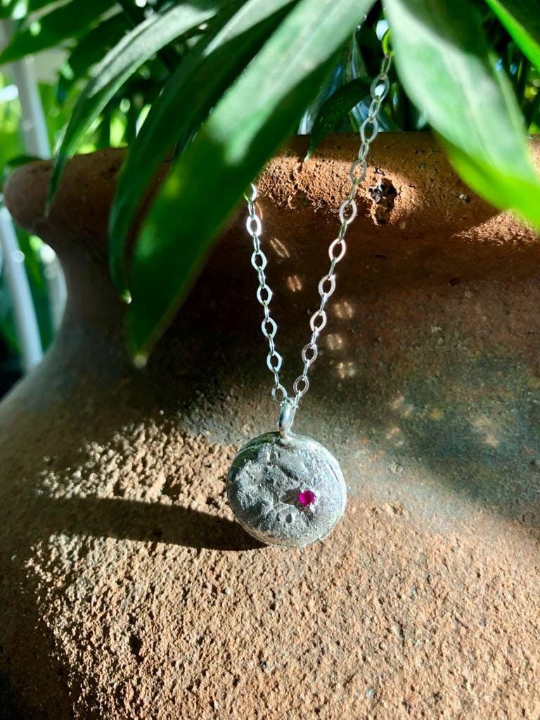 Silver Moon Disc with Ruby gem stone