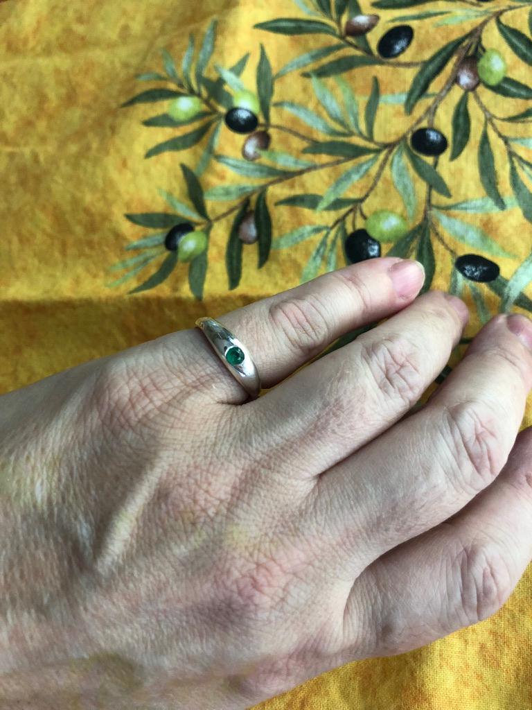 Emerald in silver low dome ring with natural Colombian emerald