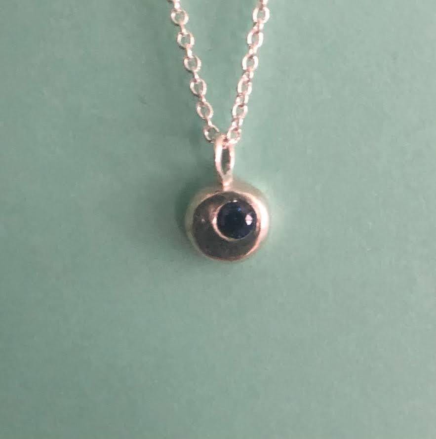 Sapphire sky, Silver moon tiny pendant with lab grown gemstone on delicate chain necklace