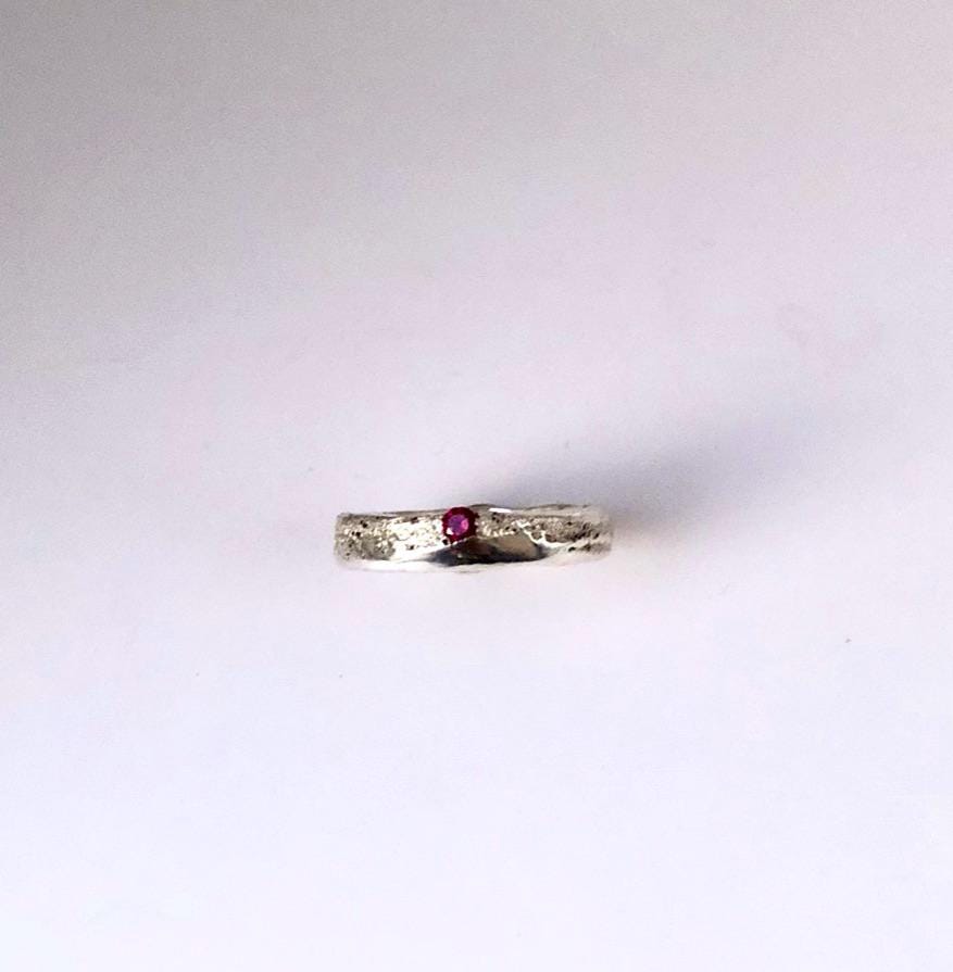 Ice and Fire Silver organic unique sand cast textured ring with vibrant red ruby gem stone