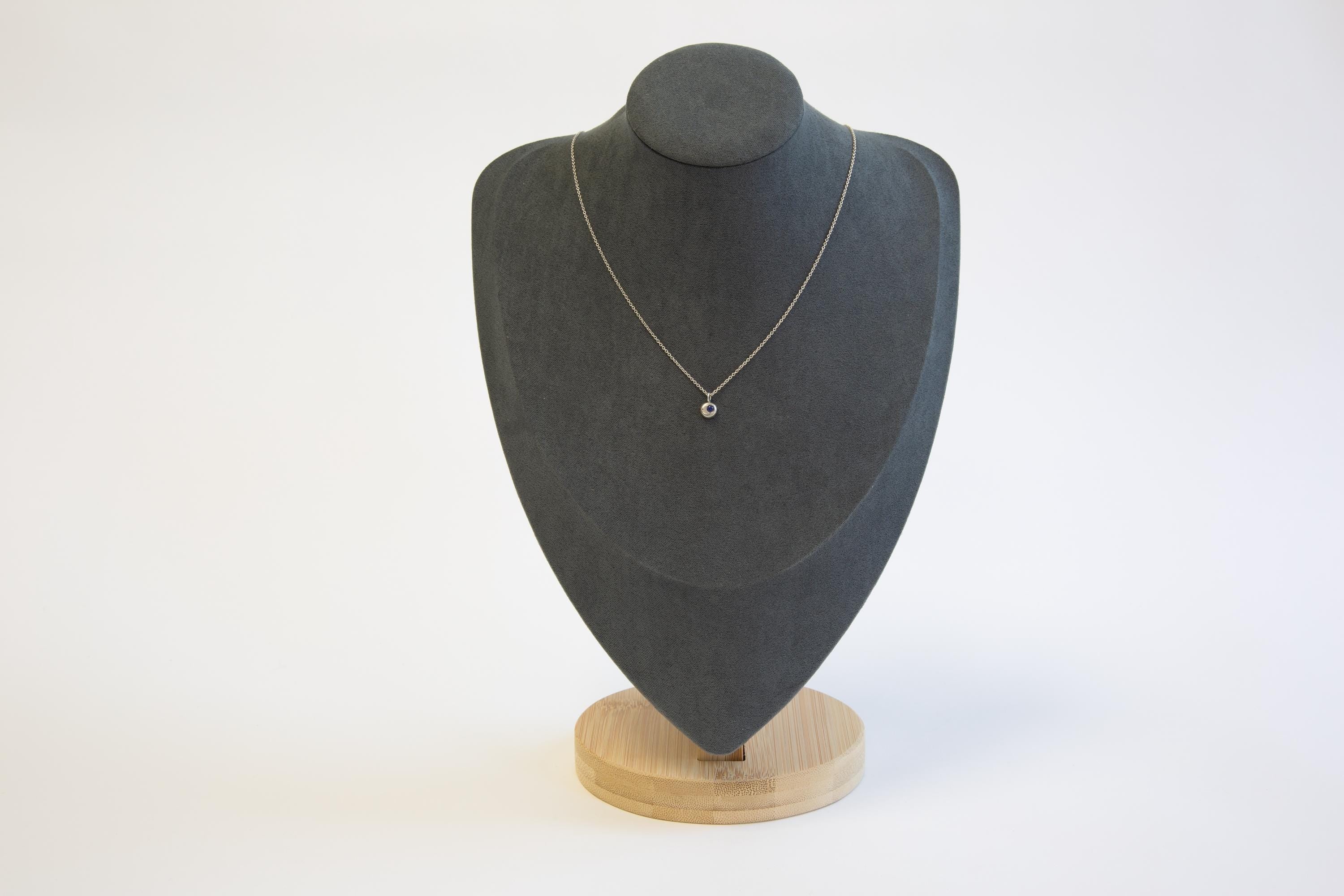 Sapphire sky, Silver moon tiny pendant with lab grown gemstone on delicate chain necklace