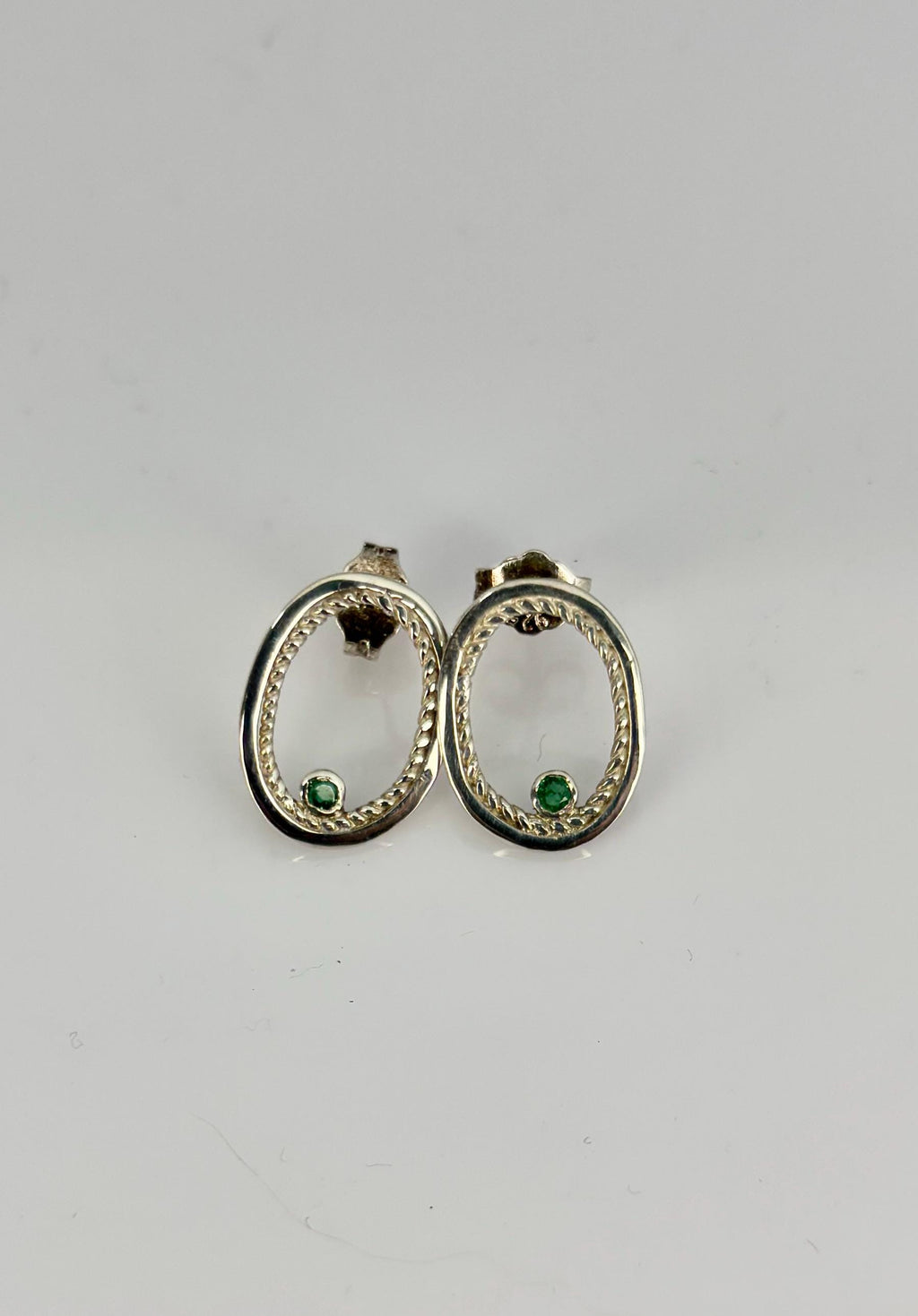 Sterling Silver and Colombian Emerald Stud Earrings, Oval Filigree Ancient Jewelry Style
