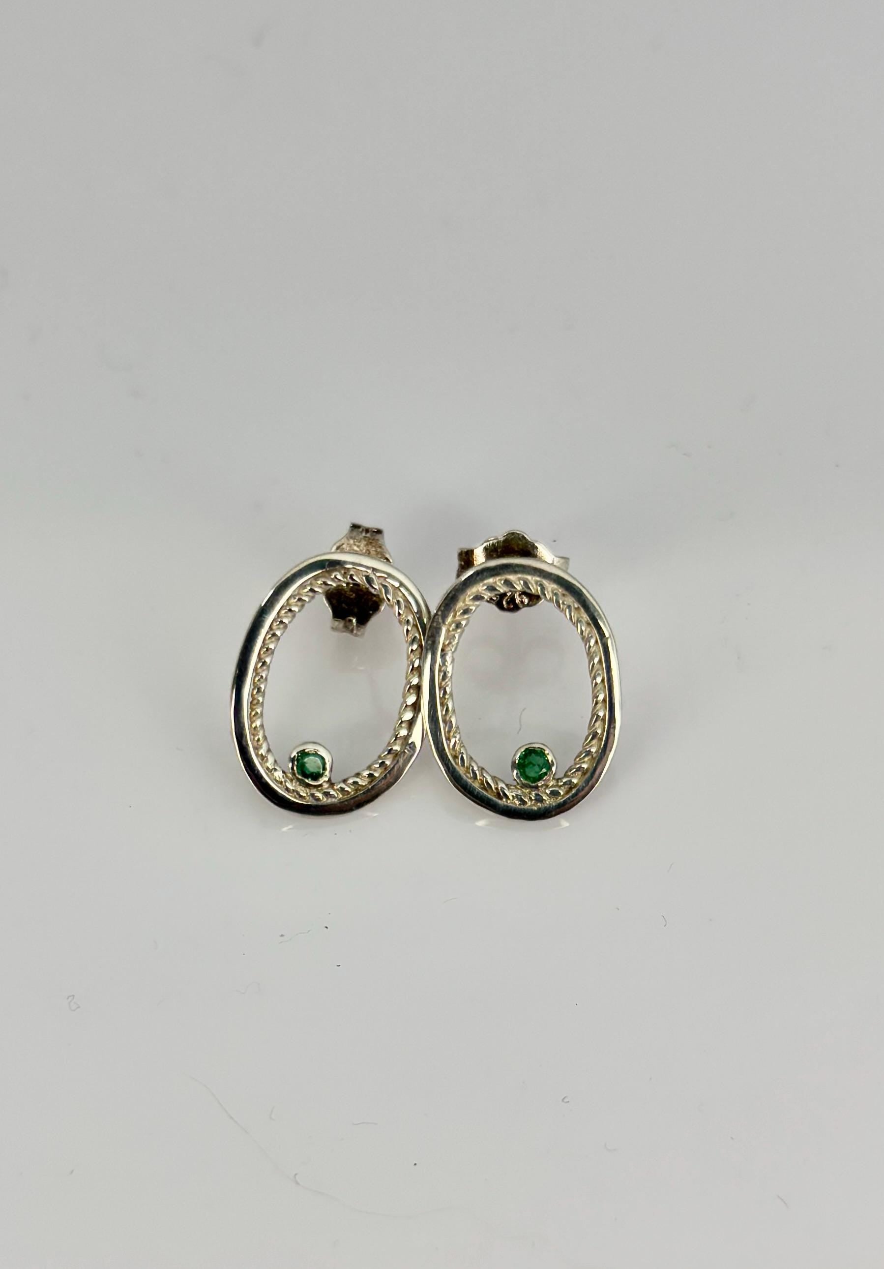 Sterling Silver and Colombian Emerald Stud Earrings, Oval Filigree Ancient Jewelry Style