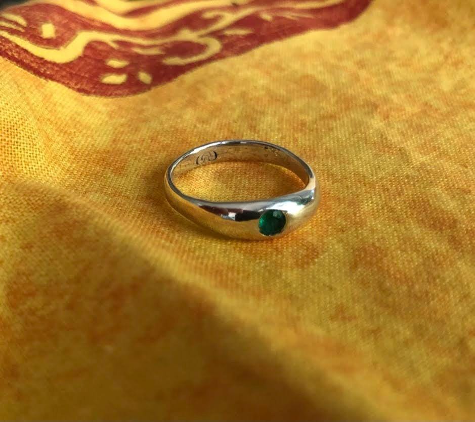 Emerald in silver low dome ring with natural Colombian emerald