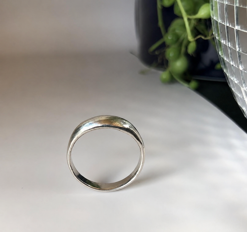 Low dome Silver bombé slimline signet rings in two finishes